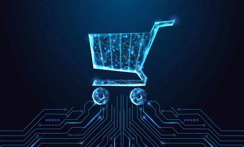 Digital shopping cart icon with circuit board design on dark blue background.
