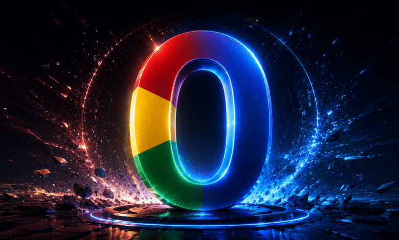 Stylized '0' with Google colors, surrounded by digital effects.