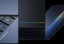 Close-up of Googlebook laptop showing keyboard, hinge, and screen.