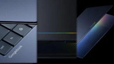 Close-up of Googlebook laptop showing keyboard, hinge, and screen.