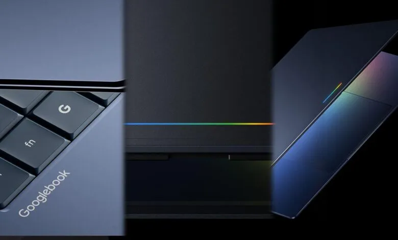 Close-up of Googlebook laptop showing keyboard, hinge, and screen.