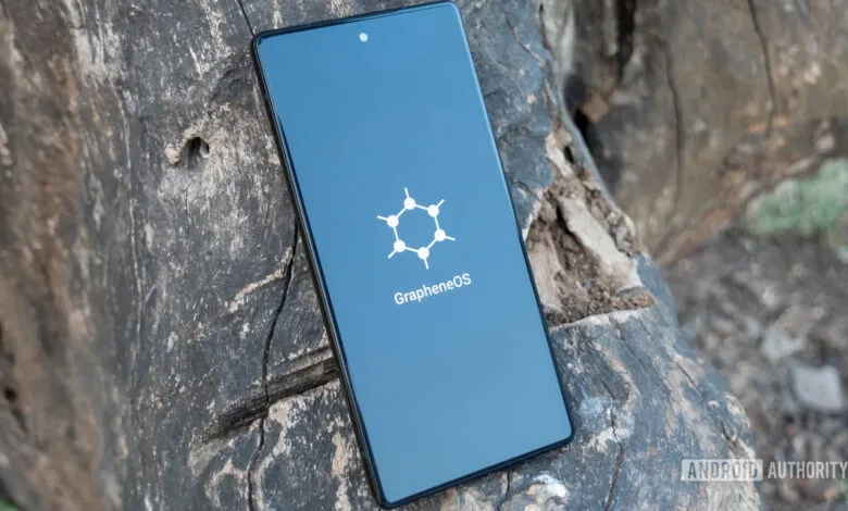 Smartphone displaying GrapheneOS logo on a textured wooden surface.
