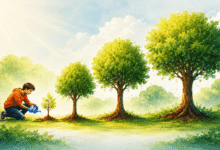 Person watering sapling with trees in progressive growth stages behind it.