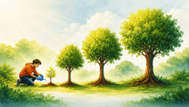 Person watering sapling with trees in progressive growth stages behind it.