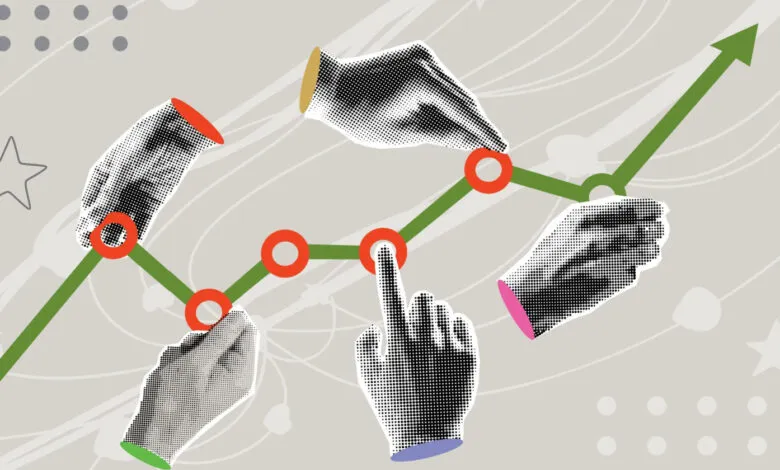 Hands interacting with a rising green graph, symbolizing growth and progress.