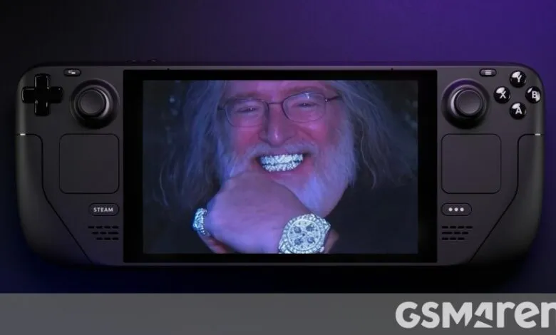 Steam Deck handheld console displaying a man with diamond grillz and jewelry.