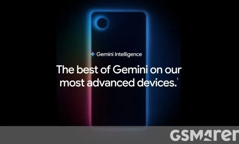 Gemini Intelligence on a phone with a glowing blue outline.
