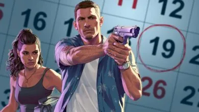 GTA VI characters aiming guns in front of a calendar with the 19th circled.