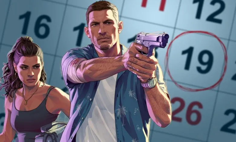 GTA VI characters aiming guns in front of a calendar with the 19th circled.