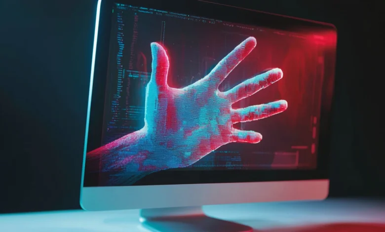 Computer monitor displays a digital hand with red and blue lighting effects.