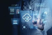 Doctor interacts with digital medical interface, showing data and AI.