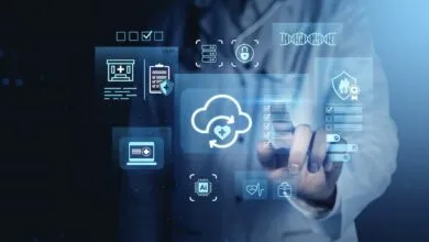 Doctor interacts with digital medical interface, showing data and AI.