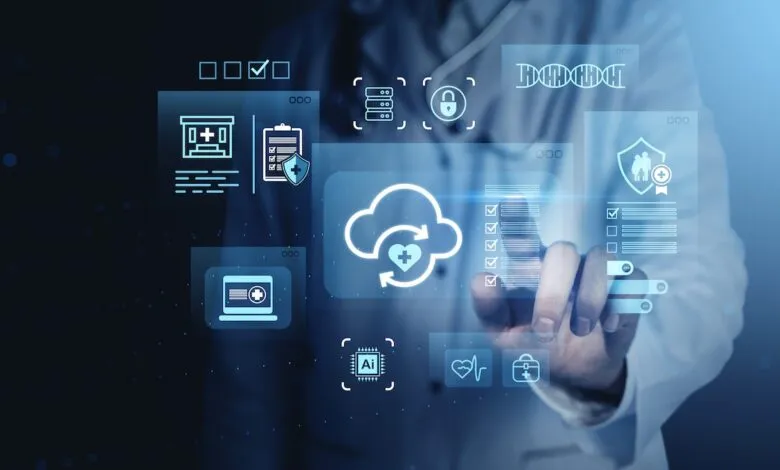 Doctor interacts with digital medical interface, showing data and AI.