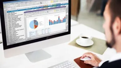 Person working on a computer with spreadsheet and charts displayed.