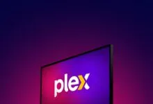 Plex logo displayed on a modern flat-screen TV against a gradient background.