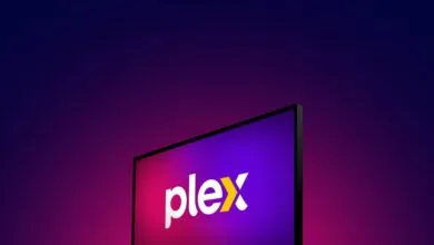 Plex logo displayed on a modern flat-screen TV against a gradient background.