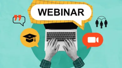 Webinar graphic with laptop, icons, and the word 'Webinar' in a speech bubble.