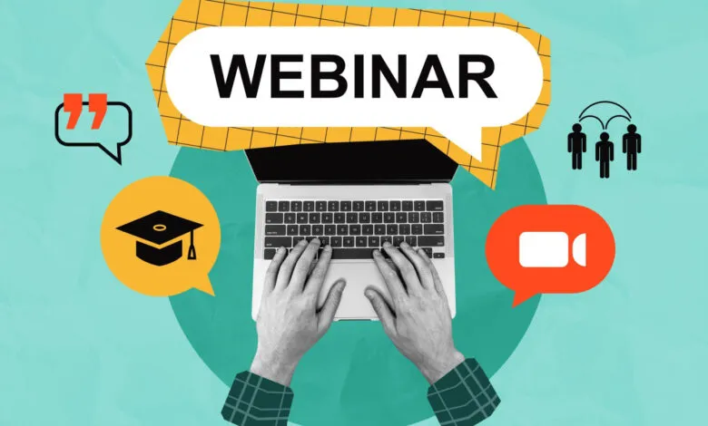Webinar graphic with laptop, icons, and the word 'Webinar' in a speech bubble.
