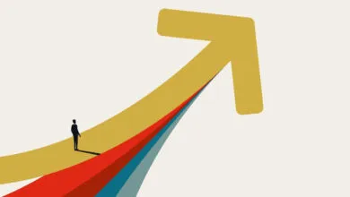 Figure stands on upward arrow, symbolizing growth and success.