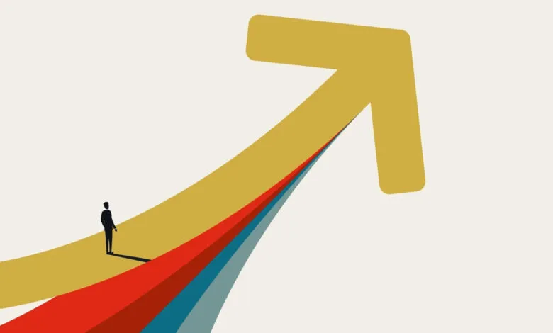 Figure stands on upward arrow, symbolizing growth and success.