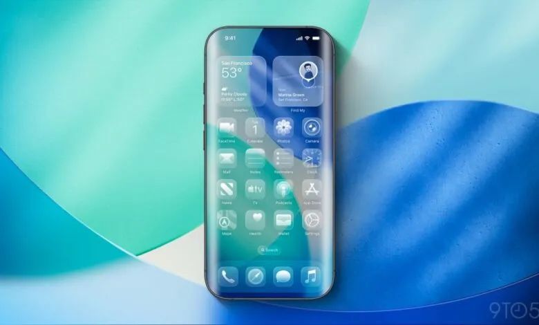 iPhone mockup showcasing iOS 26 with transparent app icons and widgets.