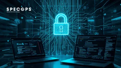 Two laptops flank a glowing padlock on a circuit board background, symbolizing cybersecurity.