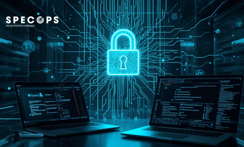 Two laptops flank a glowing padlock on a circuit board background, symbolizing cybersecurity.