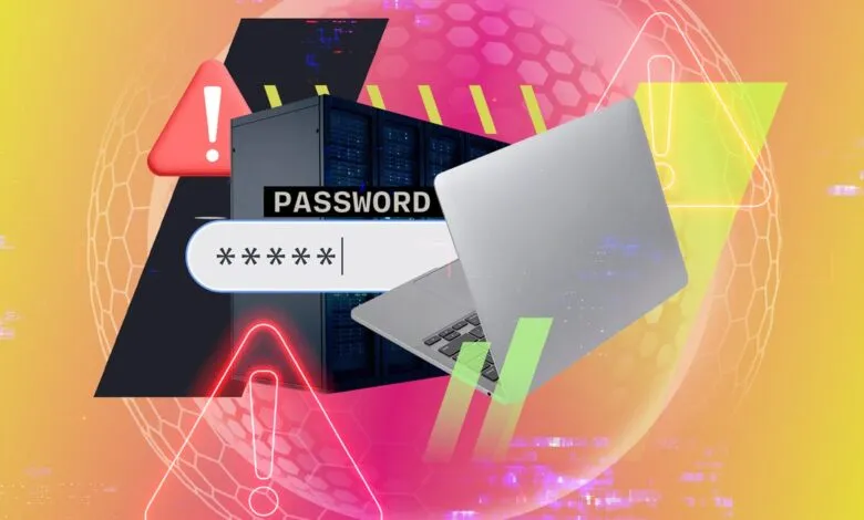 Cybersecurity concept with laptop, server, password field, and warning signs.