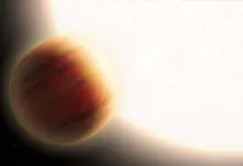 Exoplanet orbits a bright star, set against a dark, starry background.