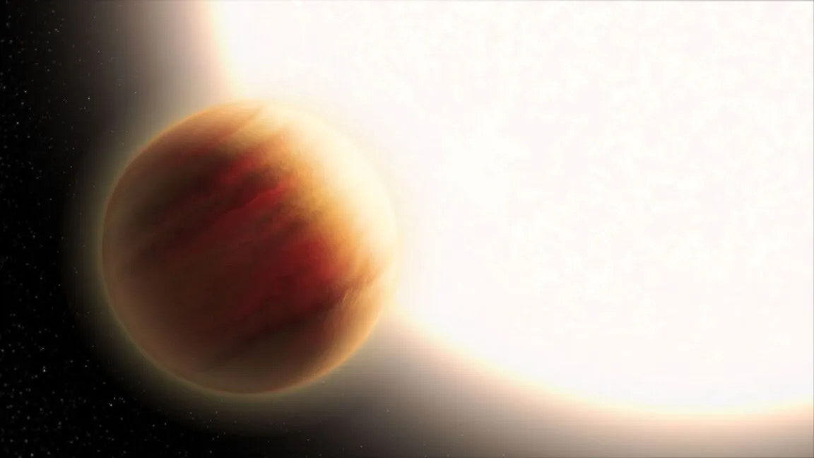 Exoplanet orbits a bright star, set against a dark, starry background.