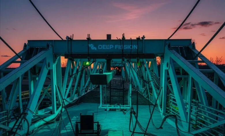 Deep Fission structure with complex framework against a sunset sky.