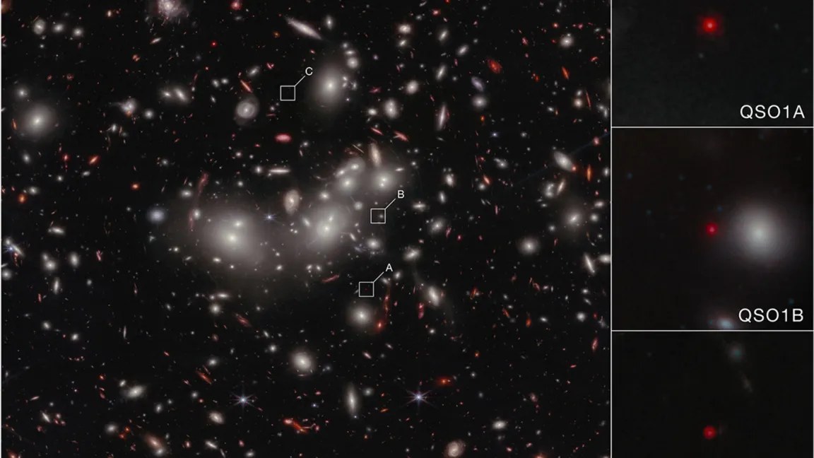Deep space image showing galaxies and quasars, labeled QSO1A and QSO1B.