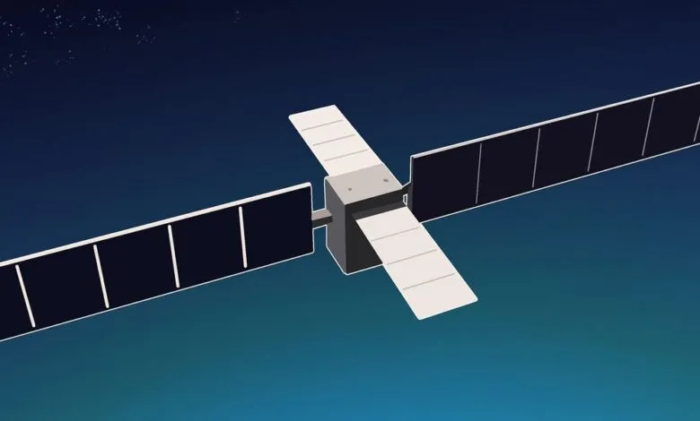 Illustration of a satellite with solar panels against a dark blue space background.