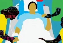 Abstract illustration of patient in hospital bed with medical staff and vital signs.
