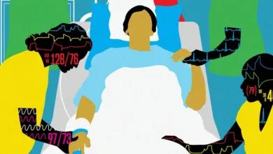 Abstract illustration of patient in hospital bed with medical staff and vital signs.