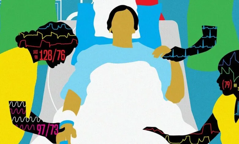 Abstract illustration of patient in hospital bed with medical staff and vital signs.