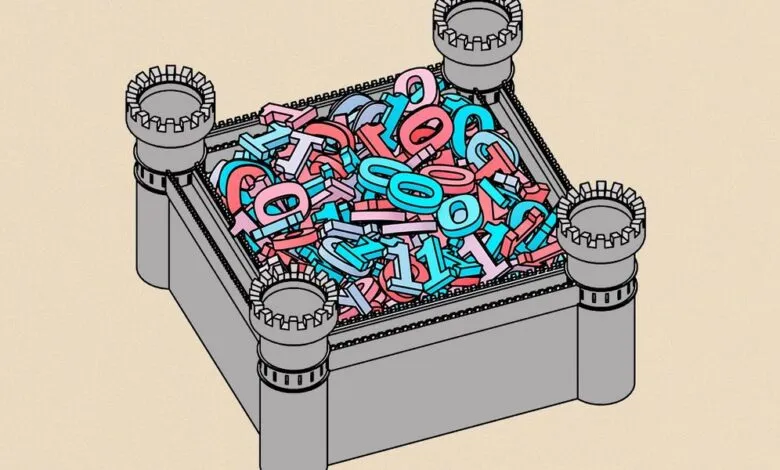 Castle filled with pink and blue numbers and symbols.