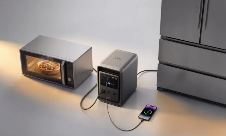 Anker power station powering microwave, fridge, and charging a smartphone.