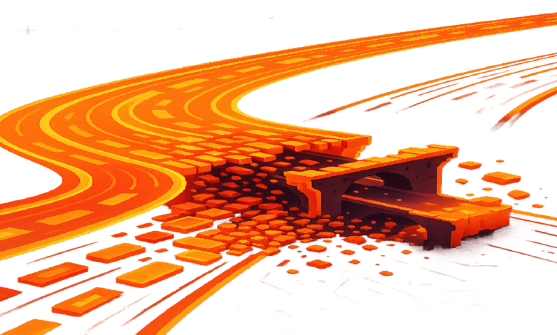 Orange brick road collapsing into darkness, pixelated style.
