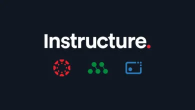 Instructure logo with white text and red, green, and blue icons.