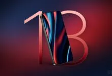 iPhone 18 mockup with a red and blue abstract wallpaper on a gradient background.