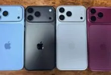 Four iPhone mockups in blue, black, silver, and purple colors.