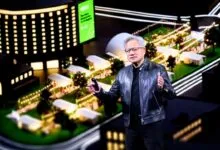 Jensen Huang presents with miniature city backdrop at GTC.