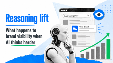 AI robot thinking about brand visibility in search results, showing growth.