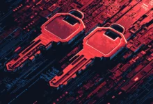 Two red keys overlayed on a dark circuit board background.