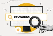 Computer screen displaying 'Keywords' with magnifying glass for search.