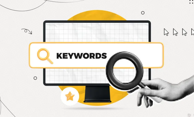 Computer screen displaying 'Keywords' with magnifying glass for search.