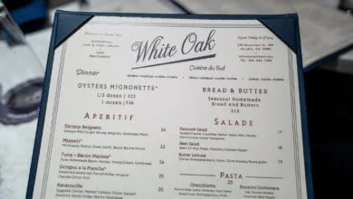 White Oak restaurant menu featuring Southern cuisine and dinner options.