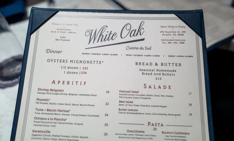 White Oak restaurant menu featuring Southern cuisine and dinner options.