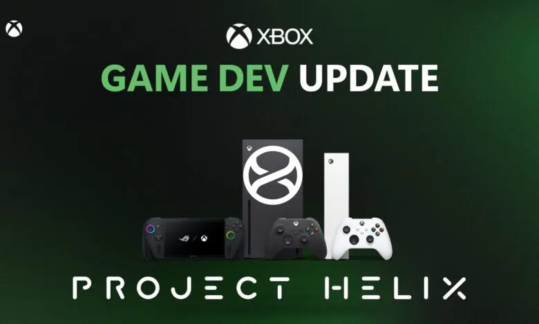Xbox Game Dev Update featuring consoles, controllers, and Project Helix.